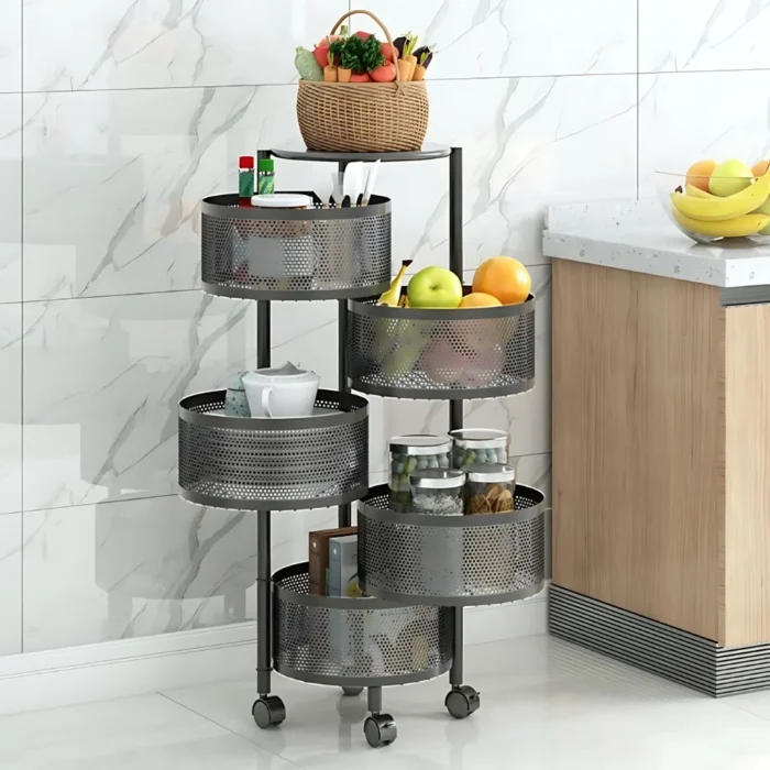 5 layer storage rack, 5 tier kitchen cart, black multi purpose trolley, revolving basket rack, rotating kitchen cart, oval storage trolley, storage rack in Sri Lanka, kitchen organizer in Sri Lanka, vegetable rack in Sri Lanka, fruit trolley in Sri Lanka
