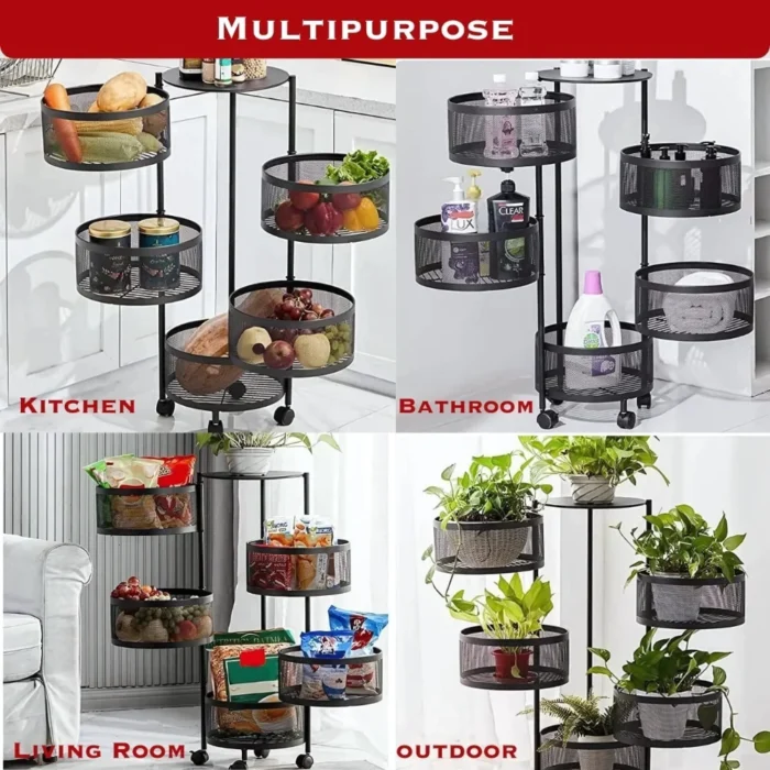 5 layer storage rack, 5 tier kitchen cart, black multi purpose trolley, revolving basket rack, rotating kitchen cart, oval storage trolley, storage rack in Sri Lanka, kitchen organizer in Sri Lanka, vegetable rack in Sri Lanka, fruit trolley in Sri Lanka