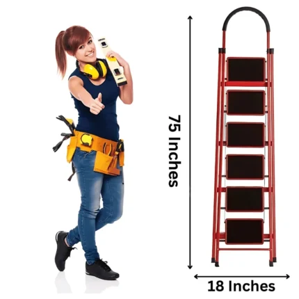 foldable steel ladder, heavy-duty ladder, 6-step foldable ladder, step ladder for kitchen, step ladder for home, space-saving ladder, durable steel ladder, non-slip step ladder, portable ladder, steel folding ladder, ladder with hand rail, ladder for living room, multi-purpose step ladder, household step ladder, high load capacity ladder, ladder with anti-slip features, foldable ladder for home use