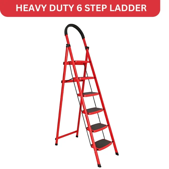 foldable steel ladder, heavy-duty ladder, 6-step foldable ladder, step ladder for kitchen, step ladder for home, space-saving ladder, durable steel ladder, non-slip step ladder, portable ladder, steel folding ladder, ladder with hand rail, ladder for living room, multi-purpose step ladder, household step ladder, high load capacity ladder, ladder with anti-slip features, foldable ladder for home use