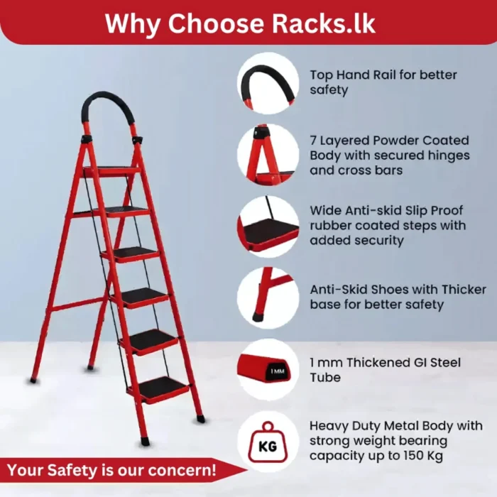 foldable steel ladder, heavy-duty ladder, 6-step foldable ladder, step ladder for kitchen, step ladder for home, space-saving ladder, durable steel ladder, non-slip step ladder, portable ladder, steel folding ladder, ladder with hand rail, ladder for living room, multi-purpose step ladder, household step ladder, high load capacity ladder, ladder with anti-slip features, foldable ladder for home use