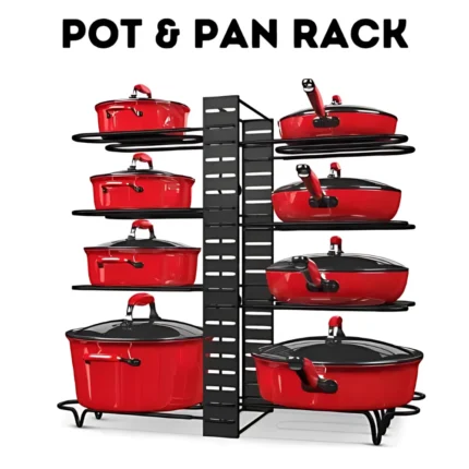 8 Tier Pot and Pan Kitchen Organizer, adjustable pot rack, cookware organizer rack, pot and pan holder, kitchen storage rack, non-slip pan organizer, lid holder rack, pot stand for kitchen