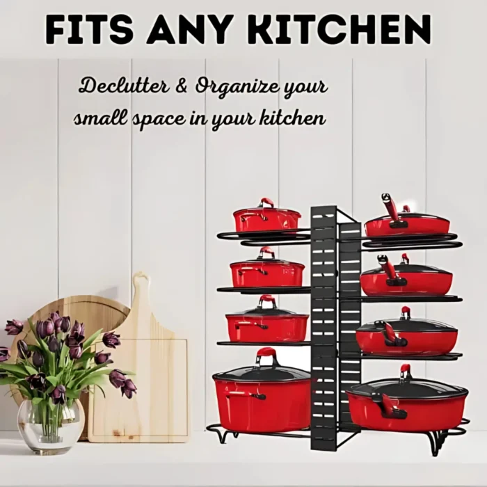 8 Tier Pot and Pan Kitchen Organizer, adjustable pot rack, cookware organizer rack, pot and pan holder, kitchen storage rack, non-slip pan organizer, lid holder rack, pot stand for kitchen