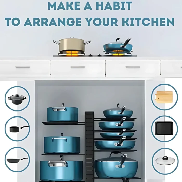 8 Tier Pot and Pan Kitchen Organizer, adjustable pot rack, cookware organizer rack, pot and pan holder, kitchen storage rack, non-slip pan organizer, lid holder rack, pot stand for kitchen