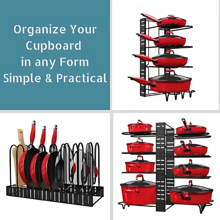 8 Tier Pot and Pan Kitchen Organizer, adjustable pot rack, cookware organizer rack, pot and pan holder, kitchen storage rack, non-slip pan organizer, lid holder rack, pot stand for kitchen