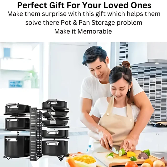 8 Tier Pot and Pan Kitchen Organizer, adjustable pot rack, cookware organizer rack, pot and pan holder, kitchen storage rack, non-slip pan organizer, lid holder rack, pot stand for kitchen