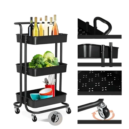black 3 tier storage cart, 3 tier trolley with wheels, kitchen storage cart black, office utility cart, ABS plastic storage trolley, salon trolley black, bathroom storage rack, movable 3 tier cart