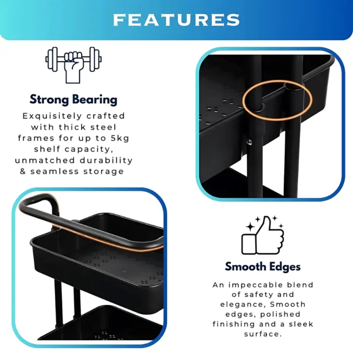 black 3 tier storage cart, 3 tier trolley with wheels, kitchen storage cart black, office utility cart, ABS plastic storage trolley, salon trolley black, bathroom storage rack, movable 3 tier cart