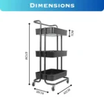 black 3 tier storage cart, 3 tier trolley with wheels, kitchen storage cart black, office utility cart, ABS plastic storage trolley, salon trolley black, bathroom storage rack, movable 3 tier cart