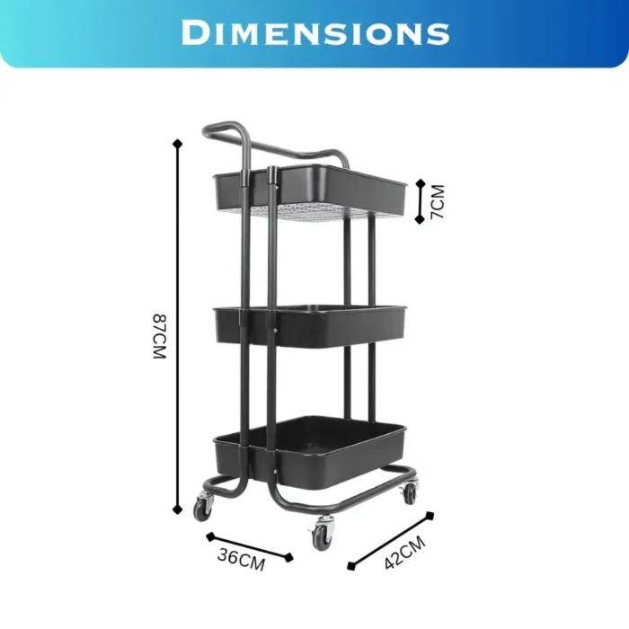 black 3 tier storage cart, 3 tier trolley with wheels, kitchen storage cart black, office utility cart, ABS plastic storage trolley, salon trolley black, bathroom storage rack, movable 3 tier cart