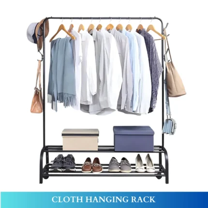 black clothes stand, garment organizer, shoe rack, metal clothing rack, accessory hooks, rackstore.ae