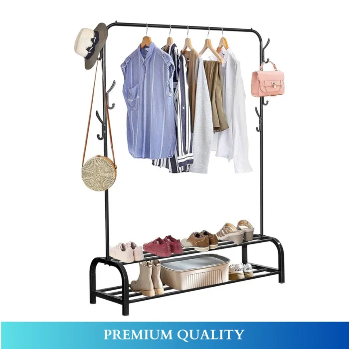 black clothes stand, garment organizer, shoe rack, metal clothing rack, accessory hooks, rackstore.ae
