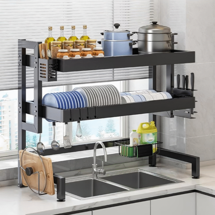 double layer dish rack, over sink dish rack UAE, dish drying rack Dubai, kitchen dish rack 85cm, kitchen organizer rack UAE, over sink dish drainer, thick frame dish rack, carbon steel kitchen rack, black over sink dish rack, kitchen sink top dish rack, dish rack with compartments, multifunctional dish drying rack, rackstore.ae kitchen rack, kitchen storage organizer UAE