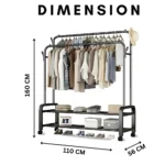 double pole cloth rack, clothing rack with storage shelf, garment rack with hooks, metal clothes stand, home wardrobe organizer, black clothes rack, clothes hanger stand, rack with shoe shelf