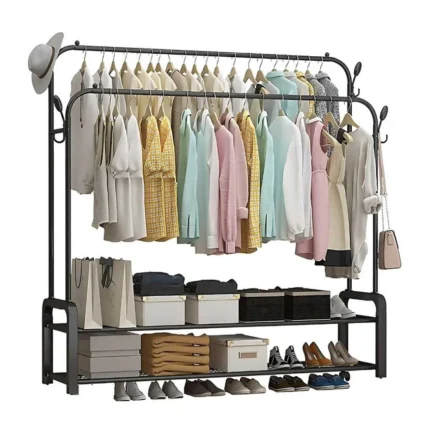 double pole cloth rack, clothing rack with storage shelf, garment rack with hooks, metal clothes stand, home wardrobe organizer, black clothes rack, clothes hanger stand, rack with shoe shelf