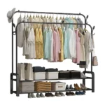 double pole cloth rack, clothing rack with storage shelf, garment rack with hooks, metal clothes stand, home wardrobe organizer, black clothes rack, clothes hanger stand, rack with shoe shelf