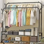 double pole cloth rack, clothing rack with storage shelf, garment rack with hooks, metal clothes stand, home wardrobe organizer, black clothes rack, clothes hanger stand, rack with shoe shelf