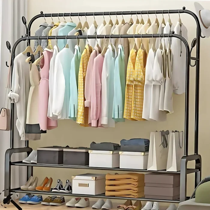 double pole cloth rack, clothing rack with storage shelf, garment rack with hooks, metal clothes stand, home wardrobe organizer, black clothes rack, clothes hanger stand, rack with shoe shelf