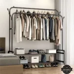 double pole cloth rack, clothing rack with storage shelf, garment rack with hooks, metal clothes stand, home wardrobe organizer, black clothes rack, clothes hanger stand, rack with shoe shelf
