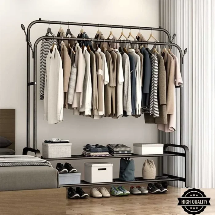 double pole cloth rack, clothing rack with storage shelf, garment rack with hooks, metal clothes stand, home wardrobe organizer, black clothes rack, clothes hanger stand, rack with shoe shelf