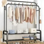 double pole cloth rack, clothing rack with storage shelf, garment rack with hooks, metal clothes stand, home wardrobe organizer, black clothes rack, clothes hanger stand, rack with shoe shelf