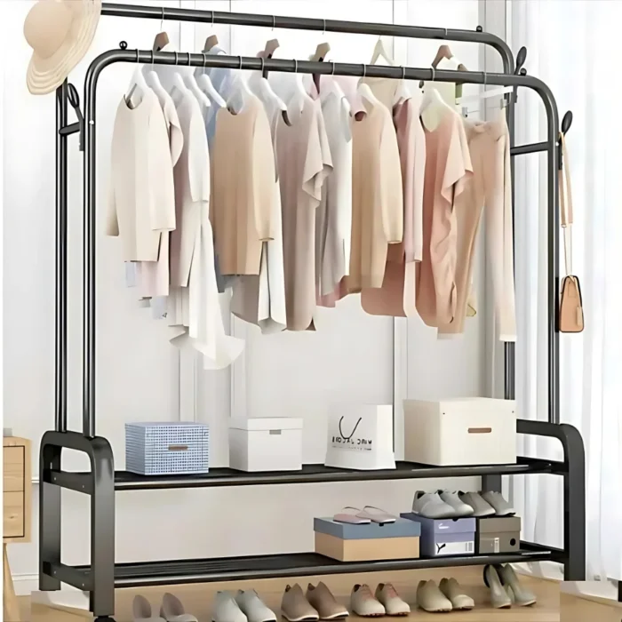 double pole cloth rack, clothing rack with storage shelf, garment rack with hooks, metal clothes stand, home wardrobe organizer, black clothes rack, clothes hanger stand, rack with shoe shelf