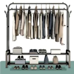 double pole cloth rack, clothing rack with storage shelf, garment rack with hooks, metal clothes stand, home wardrobe organizer, black clothes rack, clothes hanger stand, rack with shoe shelf