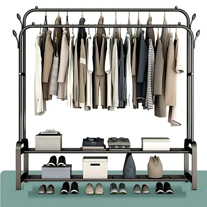 double pole cloth rack, clothing rack with storage shelf, garment rack with hooks, metal clothes stand, home wardrobe organizer, black clothes rack, clothes hanger stand, rack with shoe shelf