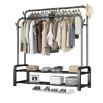 double pole cloth rack, clothing rack with storage shelf, garment rack with hooks, metal clothes stand, home wardrobe organizer, black clothes rack, clothes hanger stand, rack with shoe shelf