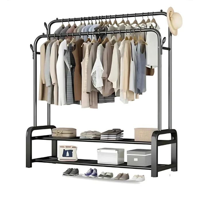 double pole cloth rack, clothing rack with storage shelf, garment rack with hooks, metal clothes stand, home wardrobe organizer, black clothes rack, clothes hanger stand, rack with shoe shelf