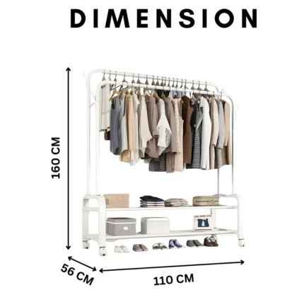 double pole cloth rack, white clothes rack, shoe organizer stand, metal garment rack, clothes hanger rack, white clothing stand, foldable clothes rack, coat rack with hooks, laundry room organizer