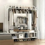 double pole cloth rack, white clothes rack, shoe organizer stand, metal garment rack, clothes hanger rack, white clothing stand, foldable clothes rack, coat rack with hooks, laundry room organizer