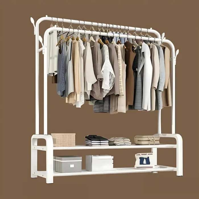 double pole cloth rack, white clothes rack, shoe organizer stand, metal garment rack, clothes hanger rack, white clothing stand, foldable clothes rack, coat rack with hooks, laundry room organizer