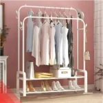 double pole cloth rack, white clothes rack, shoe organizer stand, metal garment rack, clothes hanger rack, white clothing stand, foldable clothes rack, coat rack with hooks, laundry room organizer