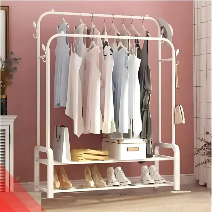 double pole cloth rack, white clothes rack, shoe organizer stand, metal garment rack, clothes hanger rack, white clothing stand, foldable clothes rack, coat rack with hooks, laundry room organizer