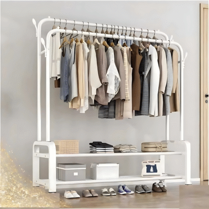 double pole cloth rack, white clothes rack, shoe organizer stand, metal garment rack, clothes hanger rack, white clothing stand, foldable clothes rack, coat rack with hooks, laundry room organizer