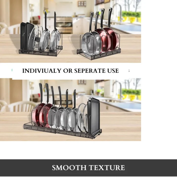 expandable pot rack, adjustable pan organizer UAE, cookware rack for cabinets, kitchen storage rack UAE, carbon steel pan holder, pot and pan rack UAE, heavy-duty kitchen rack, rackstore.ae