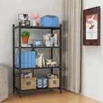 foldable shelf, 4 layer rack, metal storage shelf, kitchen storage rack, foldable organizer, black powder coated shelf, storage rack with wheels, heavy duty rack, home storage solution