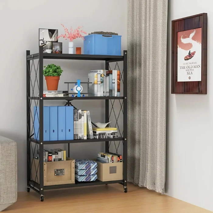 foldable shelf, 4 layer rack, metal storage shelf, kitchen storage rack, foldable organizer, black powder coated shelf, storage rack with wheels, heavy duty rack, home storage solution
