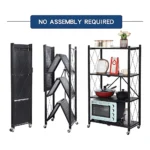 foldable shelf, 4 layer rack, metal storage shelf, kitchen storage rack, foldable organizer, black powder coated shelf, storage rack with wheels, heavy duty rack, home storage solution