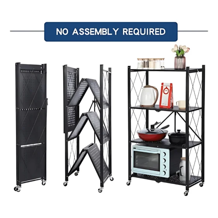 foldable shelf, 4 layer rack, metal storage shelf, kitchen storage rack, foldable organizer, black powder coated shelf, storage rack with wheels, heavy duty rack, home storage solution
