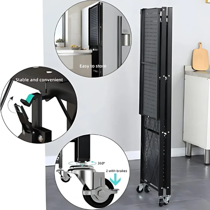 foldable shelf, 4 layer rack, metal storage shelf, kitchen storage rack, foldable organizer, black powder coated shelf, storage rack with wheels, heavy duty rack, home storage solution