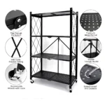 foldable shelf, 4 layer rack, metal storage shelf, kitchen storage rack, foldable organizer, black powder coated shelf, storage rack with wheels, heavy duty rack, home storage solution