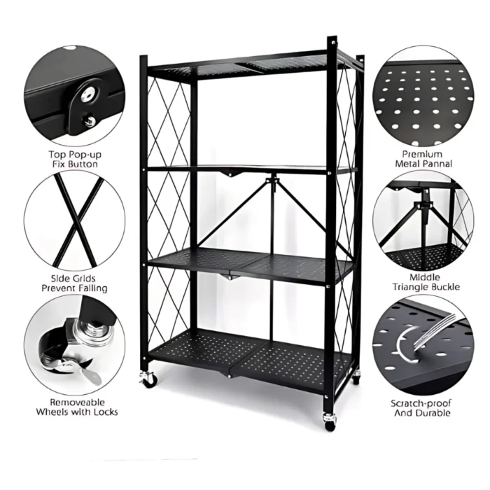 foldable shelf, 4 layer rack, metal storage shelf, kitchen storage rack, foldable organizer, black powder coated shelf, storage rack with wheels, heavy duty rack, home storage solution