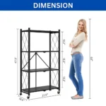 foldable shelf, 4 layer rack, metal storage shelf, kitchen storage rack, foldable organizer, black powder coated shelf, storage rack with wheels, heavy duty rack, home storage solution
