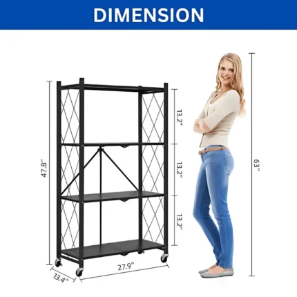 foldable shelf, 4 layer rack, metal storage shelf, kitchen storage rack, foldable organizer, black powder coated shelf, storage rack with wheels, heavy duty rack, home storage solution