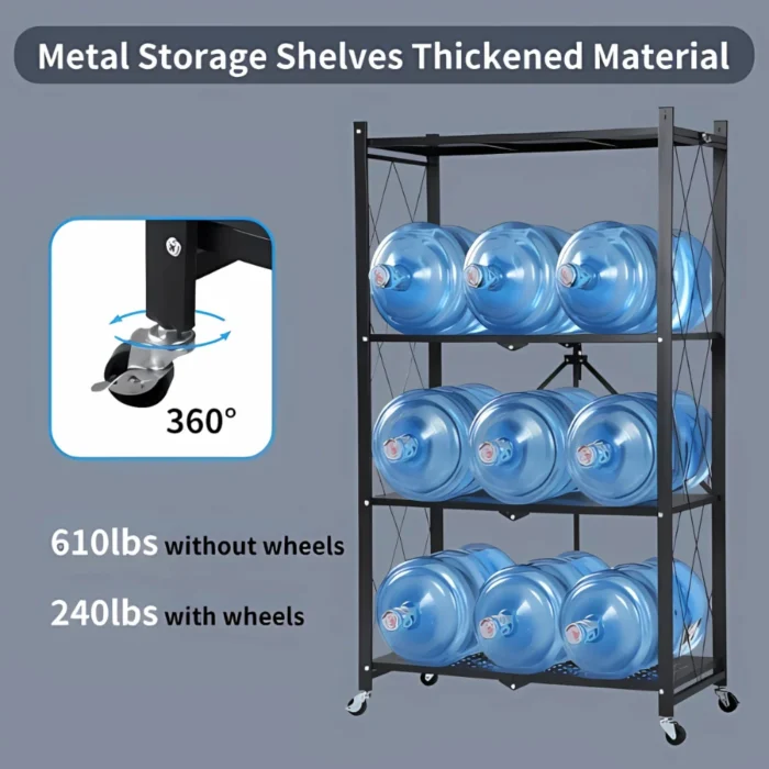 foldable shelf, 4 layer rack, metal storage shelf, kitchen storage rack, foldable organizer, black powder coated shelf, storage rack with wheels, heavy duty rack, home storage solution
