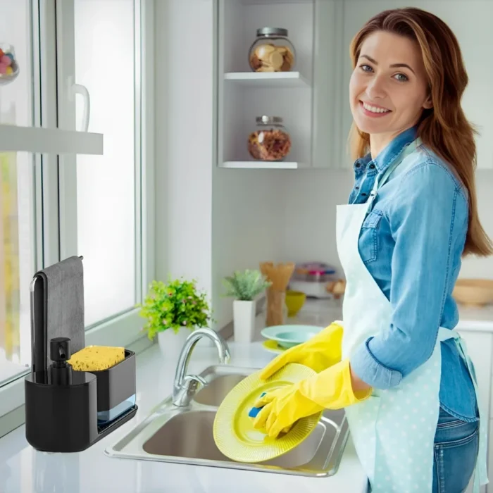 kitchen soap dispenser black, soap dispenser with sponge holder, towel stand kitchen, kitchen organizer, hand wash soap dispenser, sponge storage solution, dishwashing soap pump, Sri Lanka kitchen products