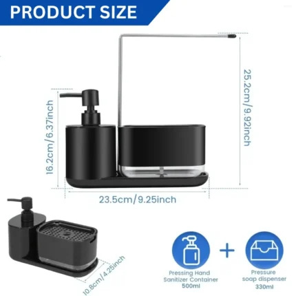 kitchen soap dispenser black, soap dispenser with sponge holder, towel stand kitchen, kitchen organizer, hand wash soap dispenser, sponge storage solution, dishwashing soap pump, Sri Lanka kitchen products
