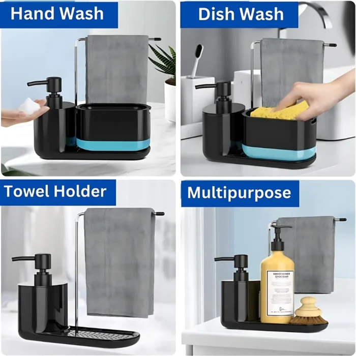 kitchen soap dispenser black, soap dispenser with sponge holder, towel stand kitchen, kitchen organizer, hand wash soap dispenser, sponge storage solution, dishwashing soap pump, Sri Lanka kitchen products